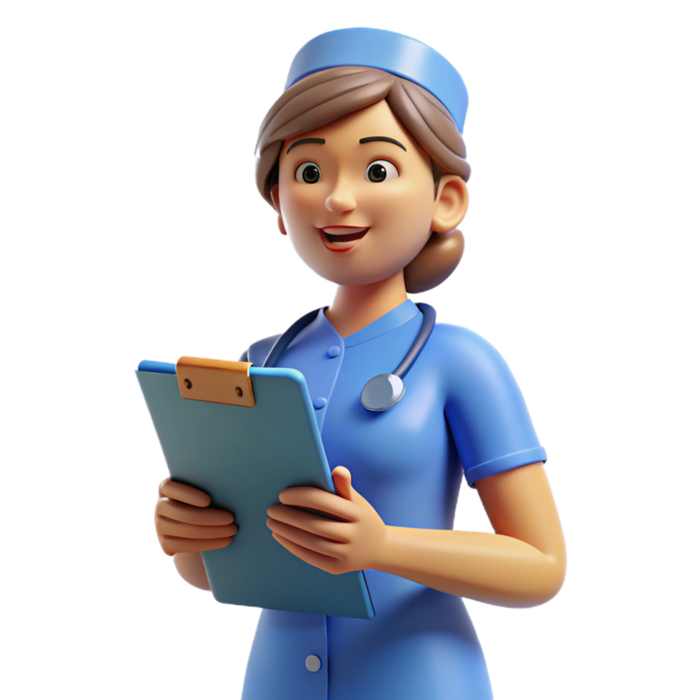 notable tropical Nurse holding clipboard, NO BACKGROUND with Transparent Background. studio quality png