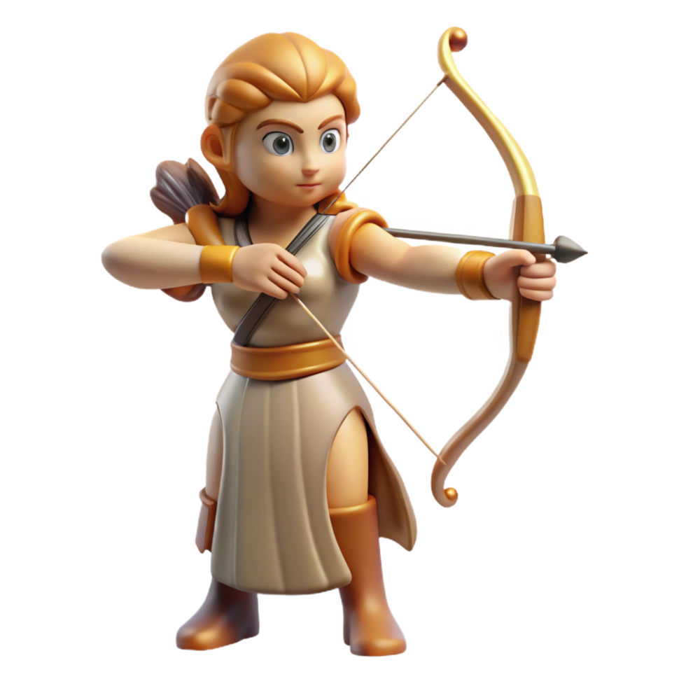 wonderful peaceful mid-century Artemis, Goddess of the Hunt, with a bow and arrow. NO BACKGROUND with Transparent Background. museum quality png