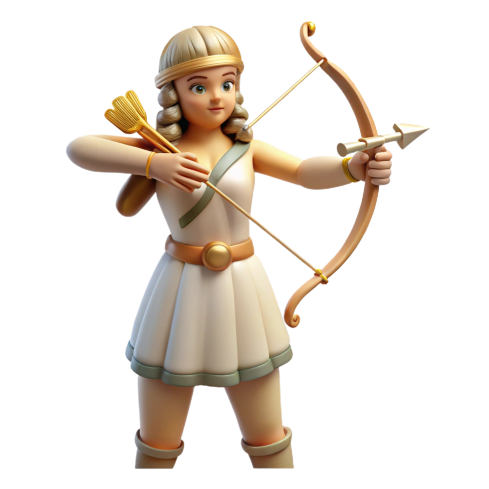 whimsical striking Artemis, Goddess of the Hunt, with a bow and arrow. NO BACKGROUND with Transparent Background. high resolution png