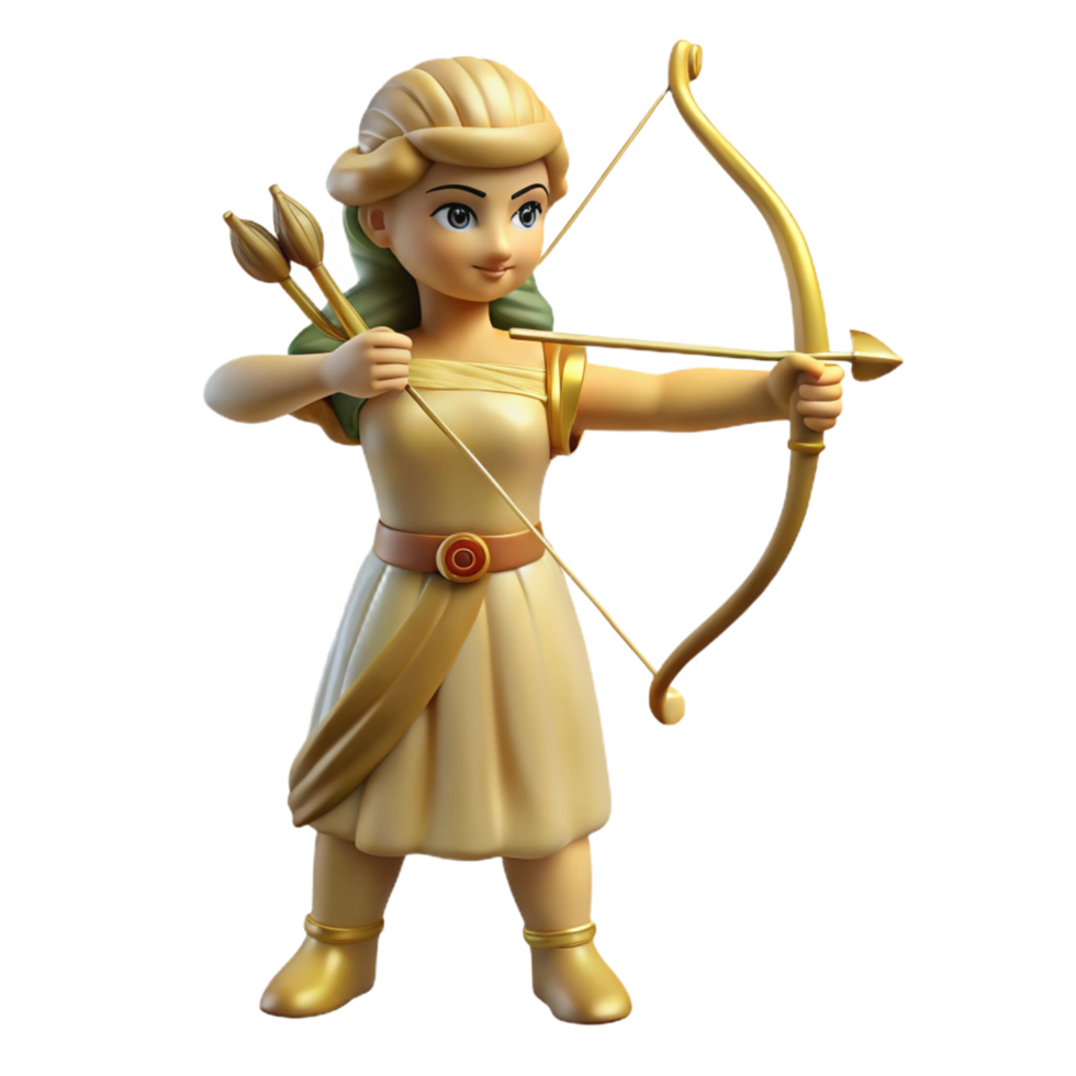 magnificent exceptional Artemis, Goddess of the Hunt, with a bow and arrow. NO BACKGROUND with Transparent Background. png