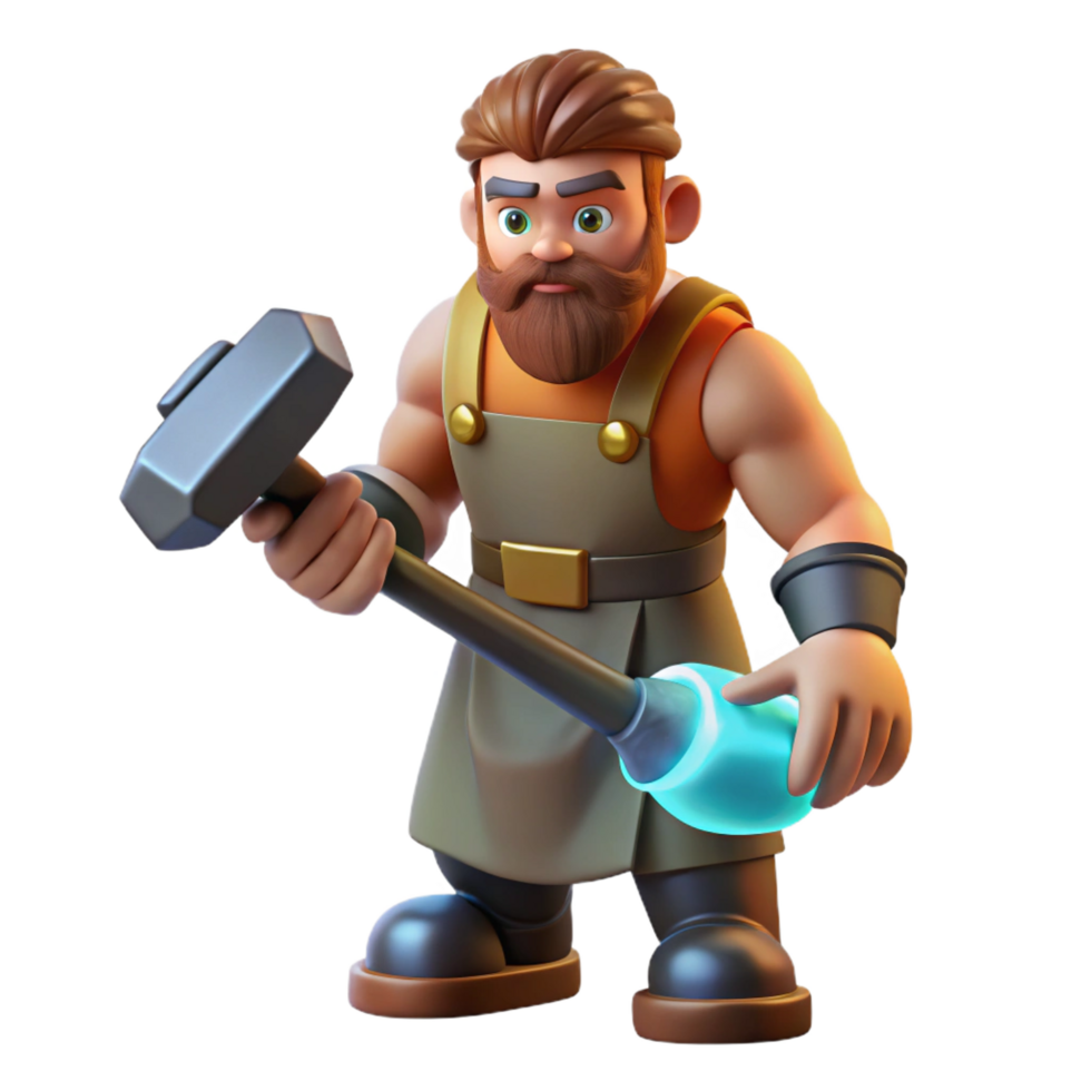 stunning distinctive Hephaestus, God of the Forge, holding a hammer. NO BACKGROUND with Transparent Background. png