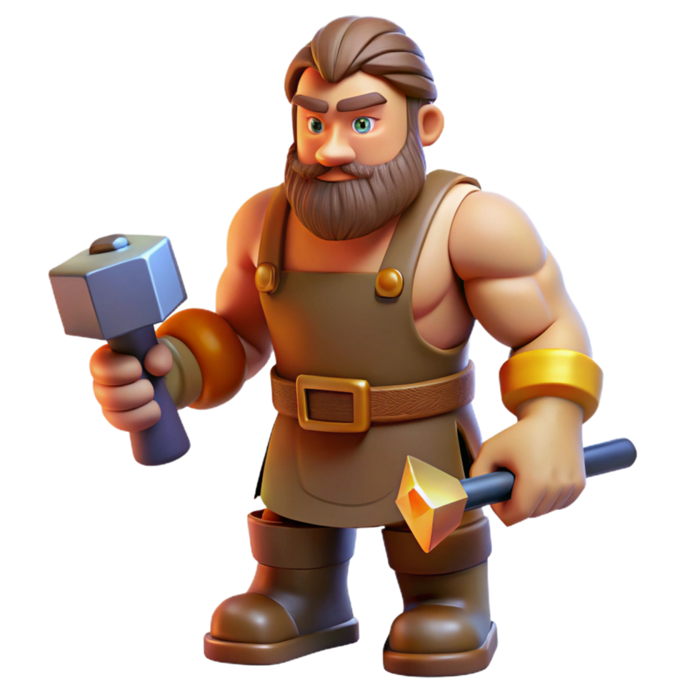 unforgettable coastal Hephaestus, God of the Forge, holding a hammer. NO BACKGROUND with Transparent Background. artisan png