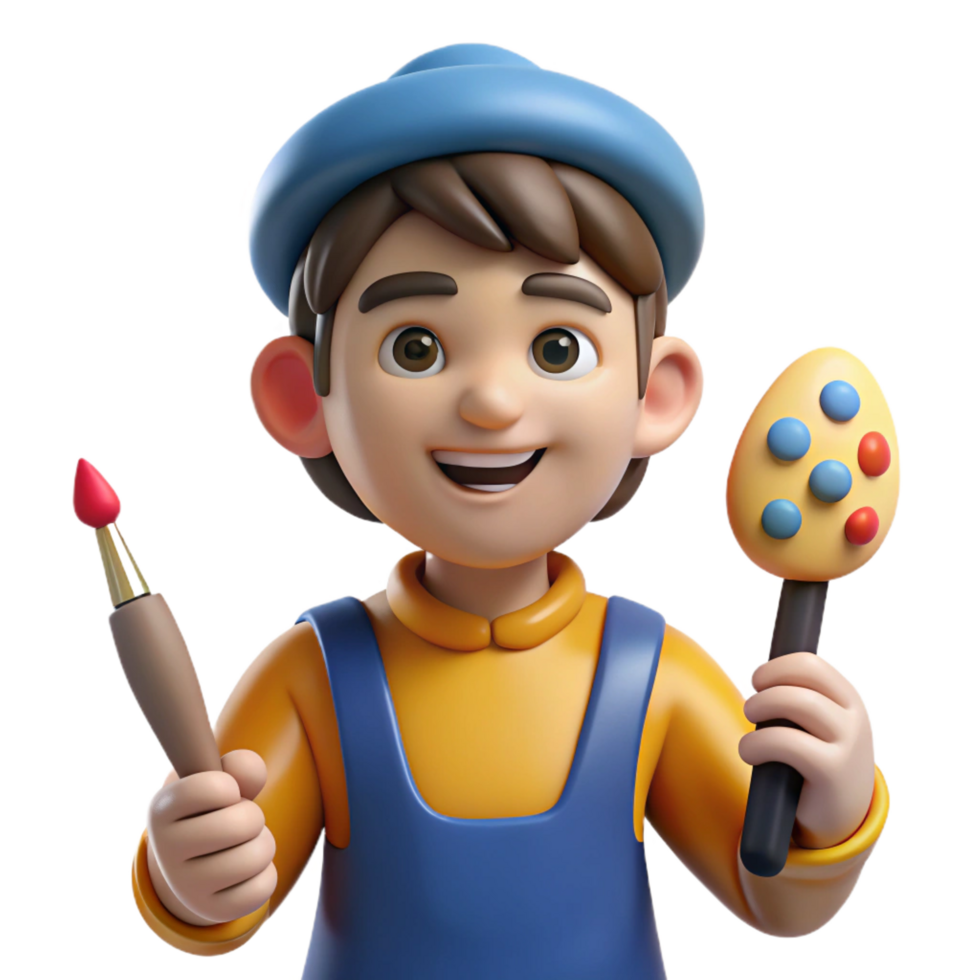 tranquil wonderful Artist, holding paintbrush, NO BACKGROUND with Transparent Background. flawless png