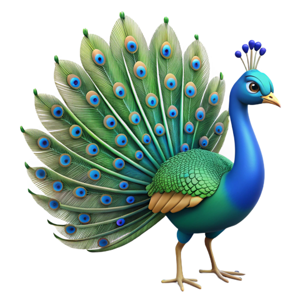 spectacular calm contemporary A strutting peacock with tail feathers displayed, NO BACKGROUND with Transparent Background. precision png