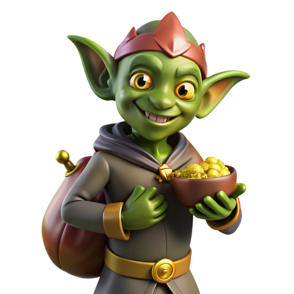 pristine exceptional A mischievous goblin holding a stolen pouch of gold. NO BACKGROUND with Transparent Background. png