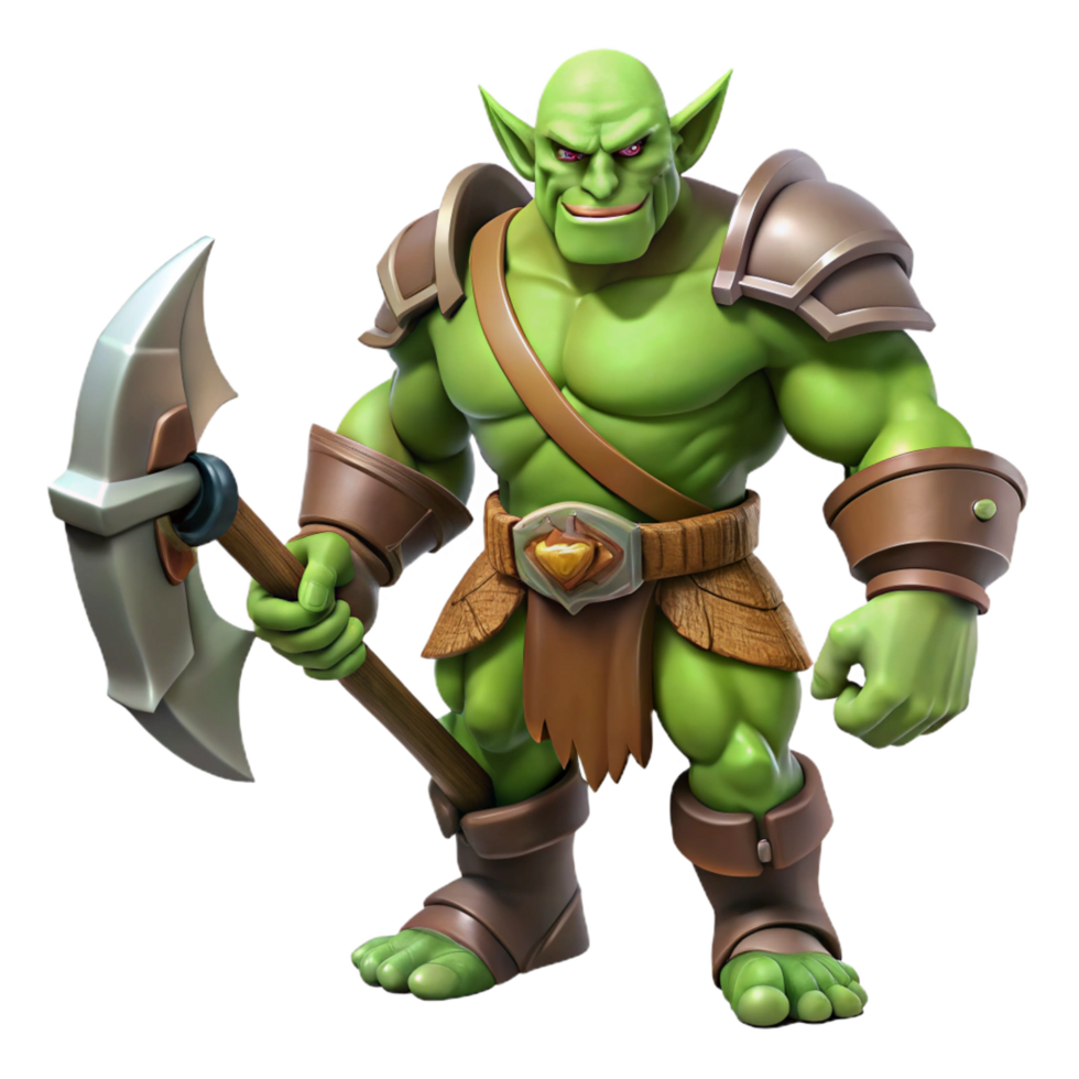 vibrant memorable A muscular orc warrior wielding a massive axe. NO BACKGROUND with Transparent Background. png