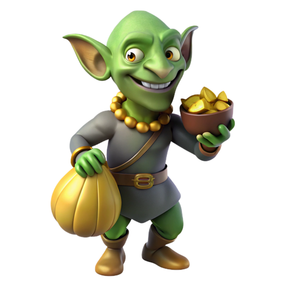 tranquil exquisite A mischievous goblin holding a stolen pouch of gold. NO BACKGROUND with Transparent Background. top-tier png