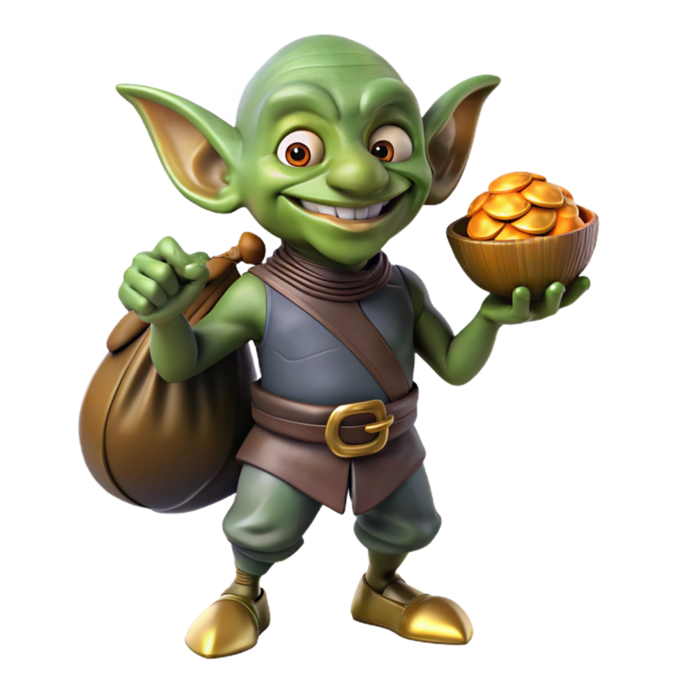 gorgeous traditional A mischievous goblin holding a stolen pouch of gold. NO BACKGROUND with Transparent Background. refined png