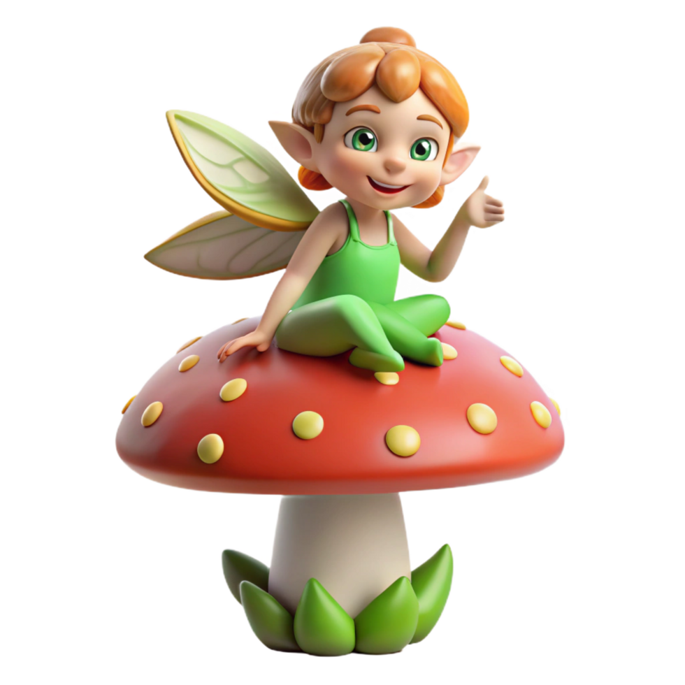 vibrant creative A playful pixie perched on a mushroom. NO BACKGROUND with Transparent Background. impeccable png