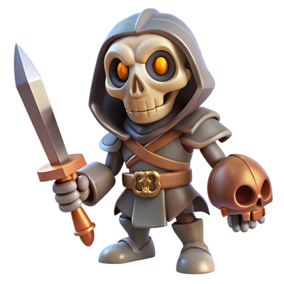 nostalgic breathtaking A spooky skeleton holding a rusty sword. NO BACKGROUND with Transparent Background. ultra HD png
