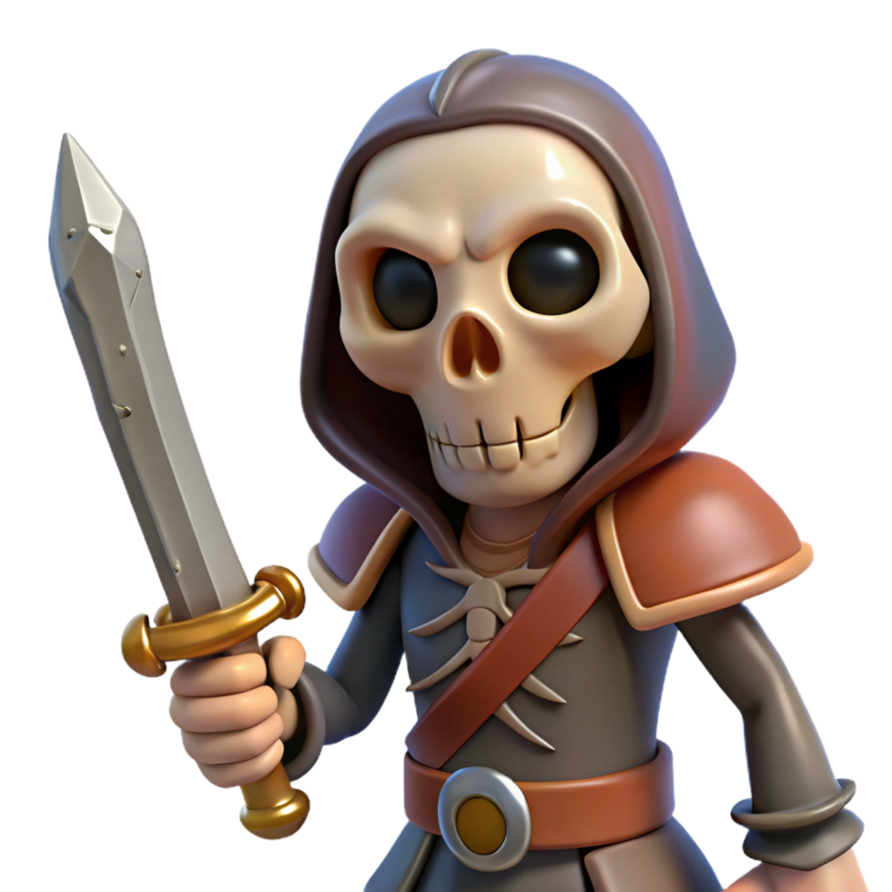 pristine memorable A spooky skeleton holding a rusty sword. NO BACKGROUND with Transparent Background. png