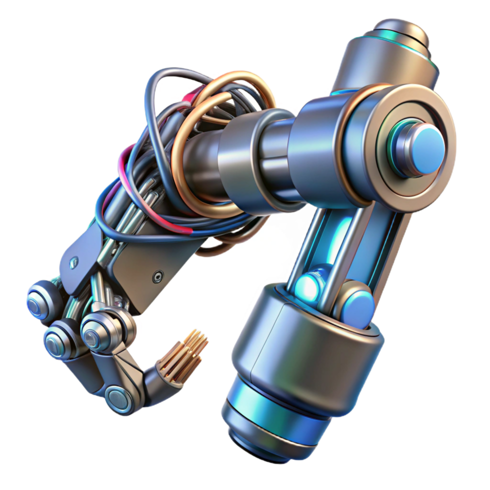 mesmerizing nostalgic urban Cyberpunk robotic arm with intricate wiring, NO BACKGROUND with Transparent Background. artisan png