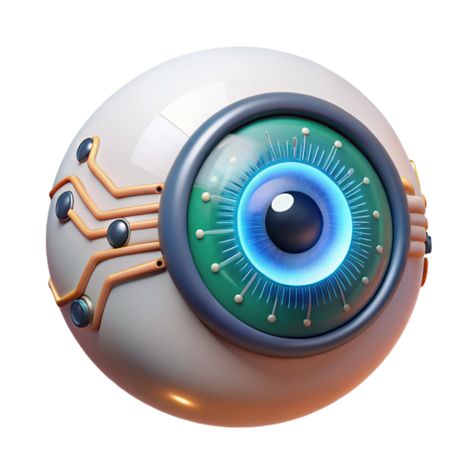 peaceful captivating Cybernetic eye implant with glowing circuitry, NO BACKGROUND with Transparent Background. sharp png