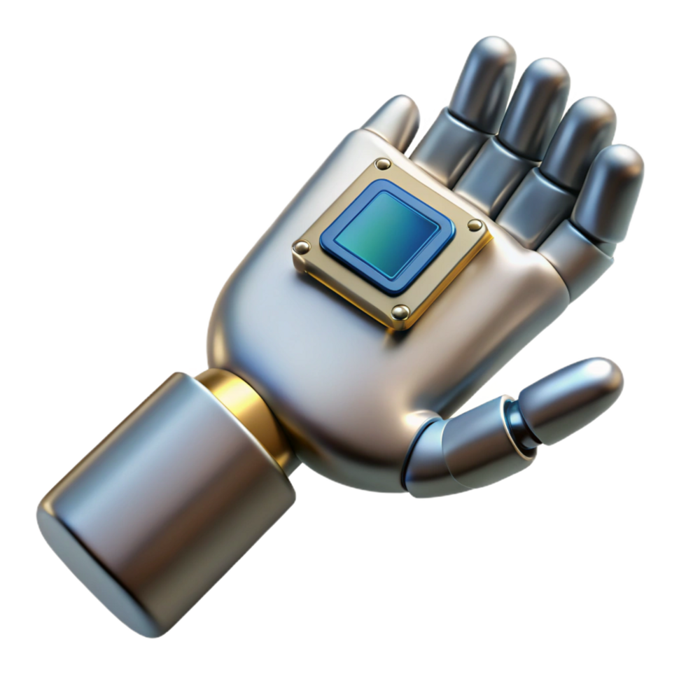 splendid nostalgic vintage Metallic robotic hand holding a data chip, NO BACKGROUND with Transparent Background. elite png