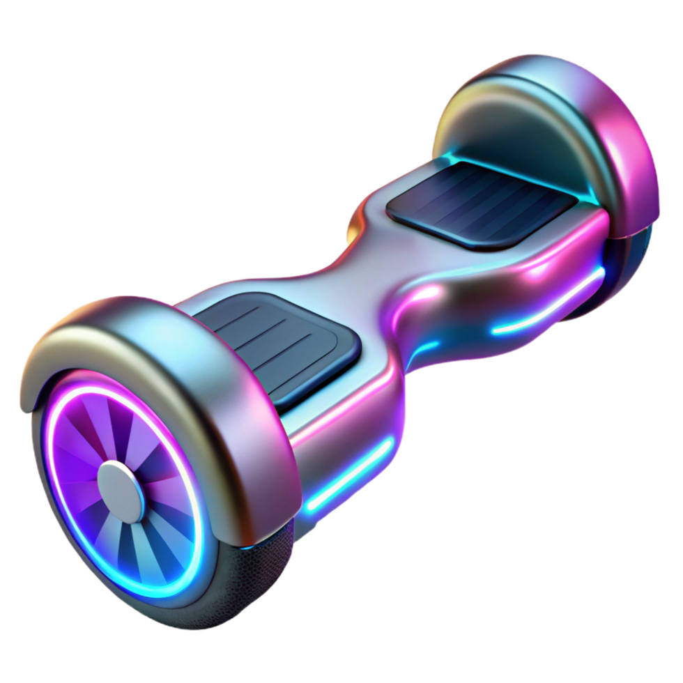 tranquil radiant Sleek hoverboard with glowing neon accents, NO BACKGROUND with Transparent Background. perfect clarity png