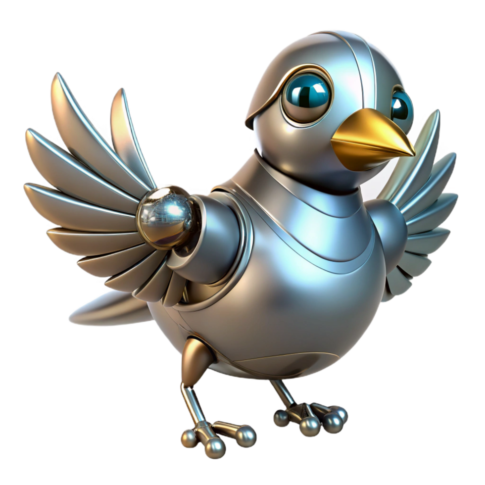 mysterious immaculate Metallic robotic bird with flapping wings, NO BACKGROUND with Transparent Background. handcrafted png