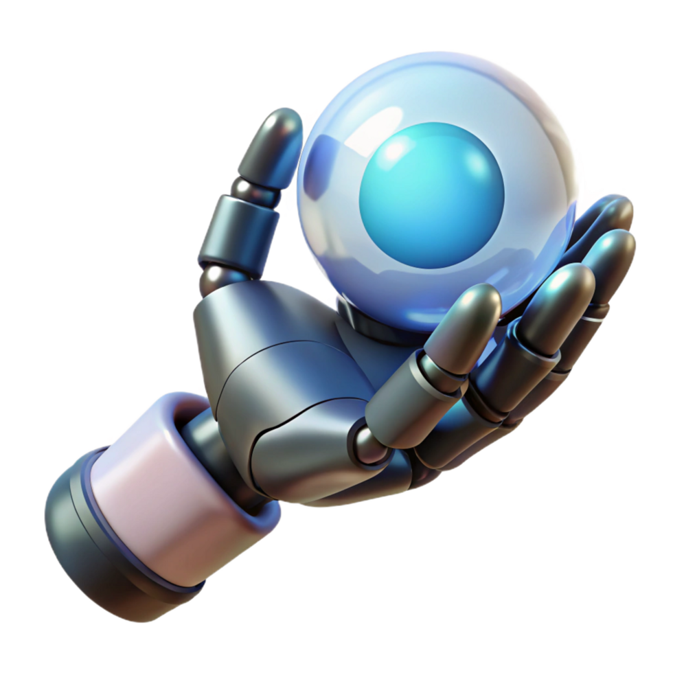 assinatura rústico detalhado robótico mão segurando uma brilhando esfera, não fundo com transparente fundo. impecável png