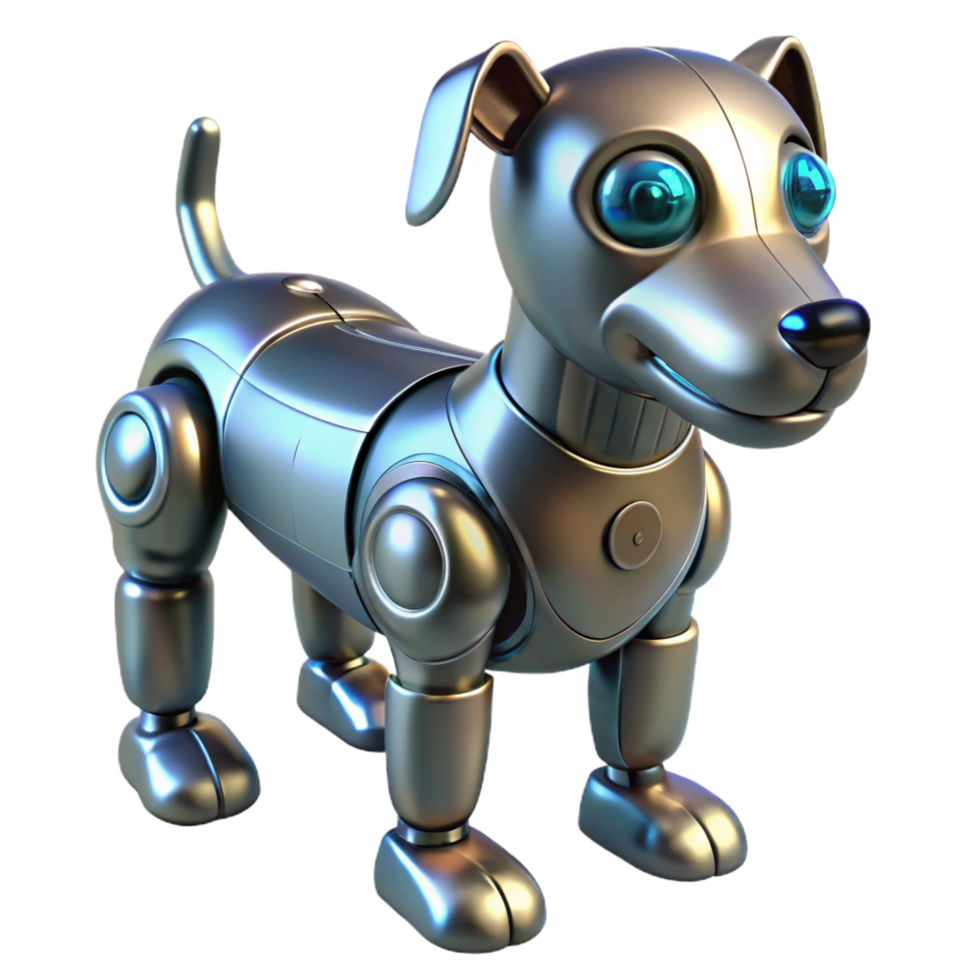 notable nordic Metallic robotic dog with glowing eyes, NO BACKGROUND with Transparent Background. flawless png