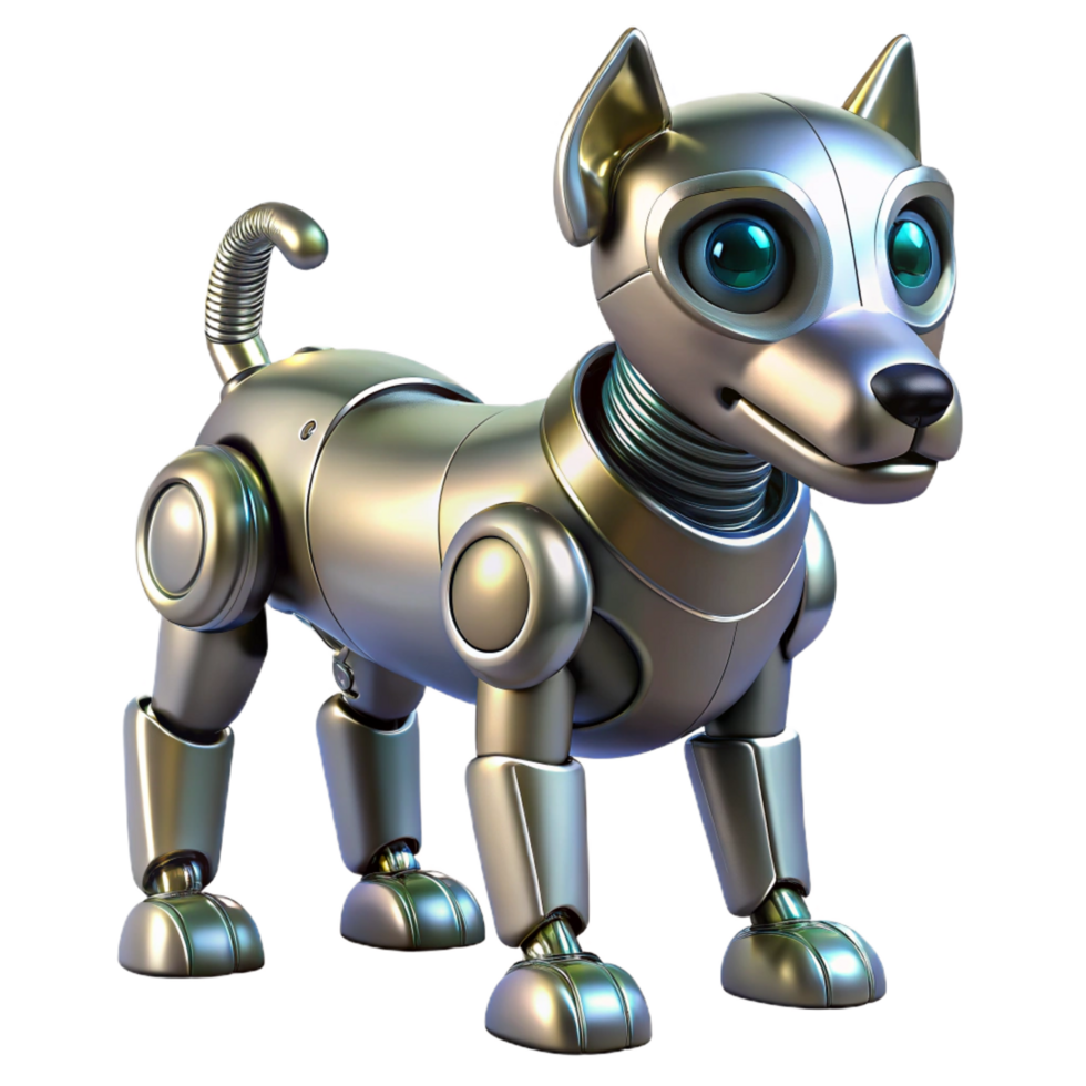 passionate splendid Metallic robotic dog with glowing eyes, NO BACKGROUND with Transparent Background. impeccable png