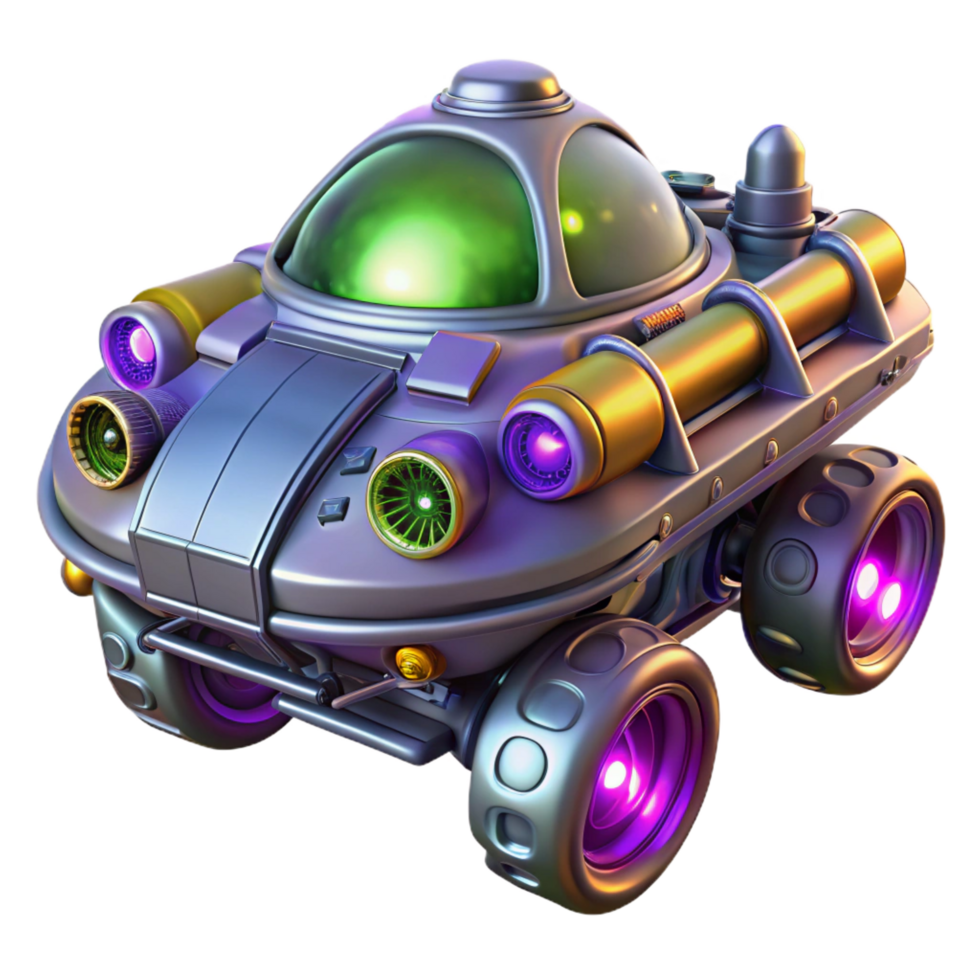 rare contemporary Complex alien vehicle with glowing engine, NO BACKGROUND with Transparent Background. fine detail png