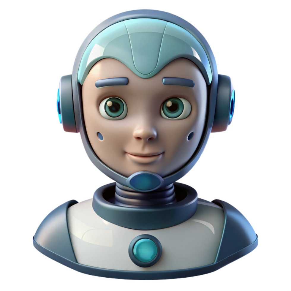 melancholic majestic Artificial intelligence robot head NO BACKGROUND with Transparent Background. ultra HD png