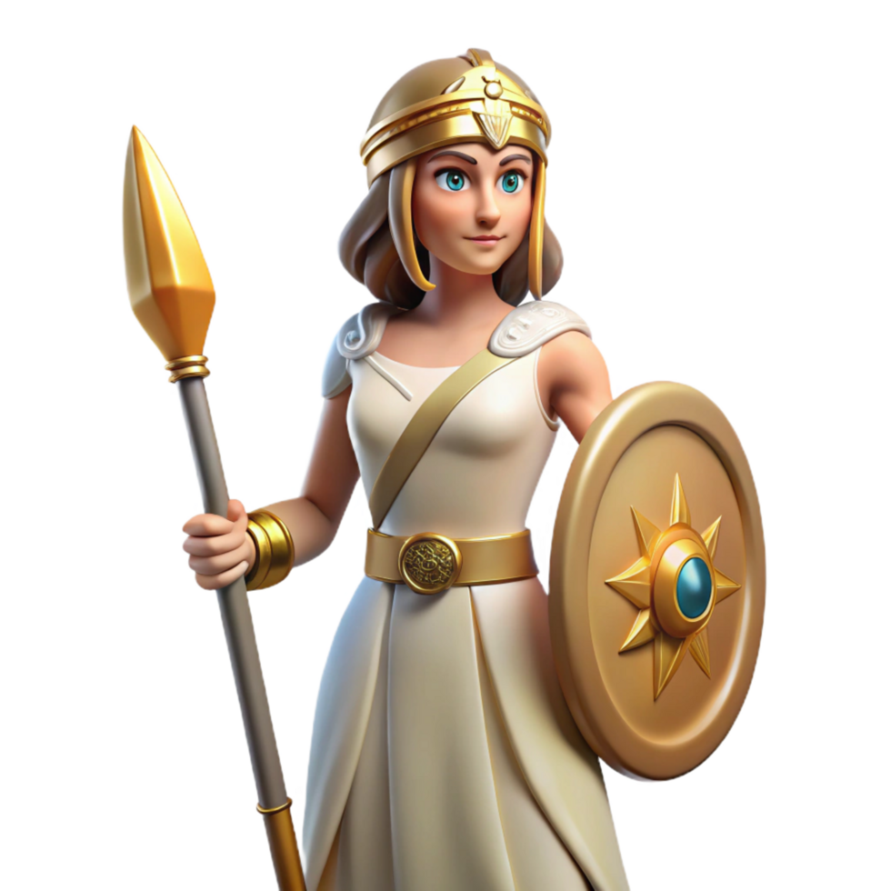 timeless rustic Athena, Goddess of Wisdom, holding spear and shield, NO BACKGROUND with Transparent Background. professional png
