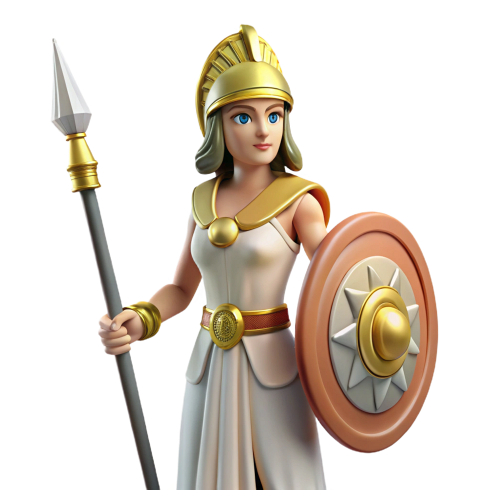 hypnotic passionate industrial Athena, Goddess of Wisdom, holding spear and shield, NO BACKGROUND with Transparent Background. high quality png