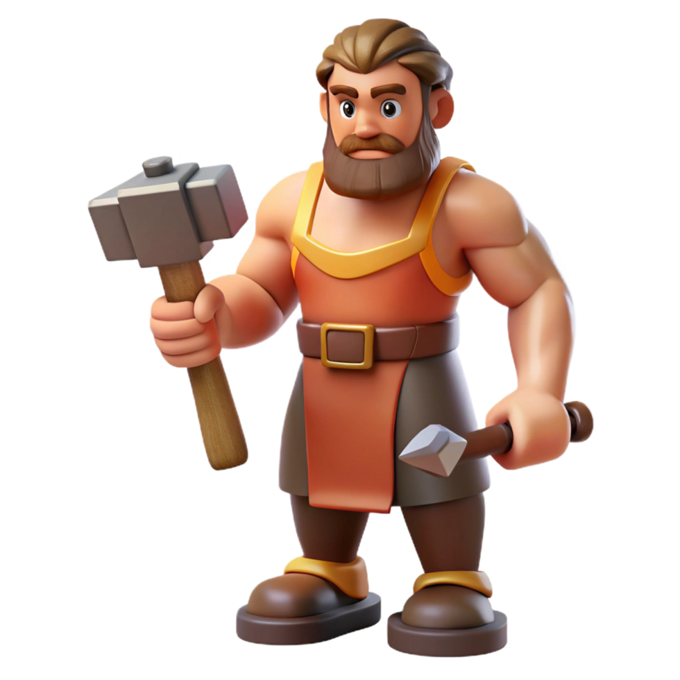 picturesque intense traditional Hephaestus, God of the Forge, holding hammer, NO BACKGROUND with Transparent Background. museum quality png