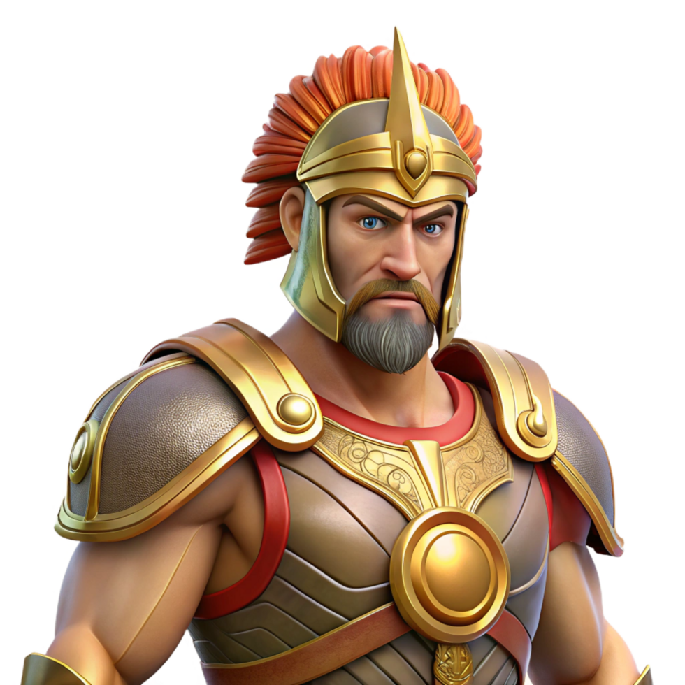 pristine whimsical modern Ares, God of War, in battle armor, NO BACKGROUND with Transparent Background. museum quality png