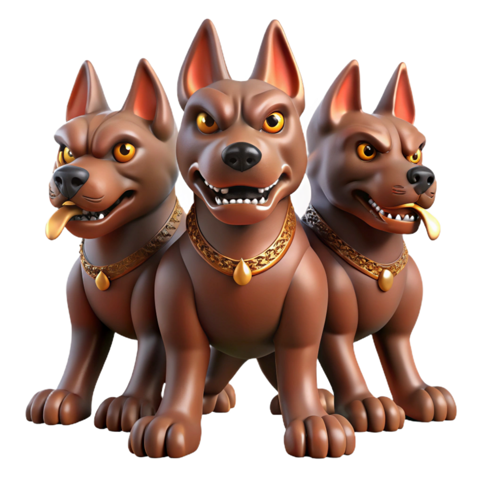 whimsical enchanting Cerberus, three-headed dog, guarding underworld, NO BACKGROUND with Transparent Background. expertly shot png