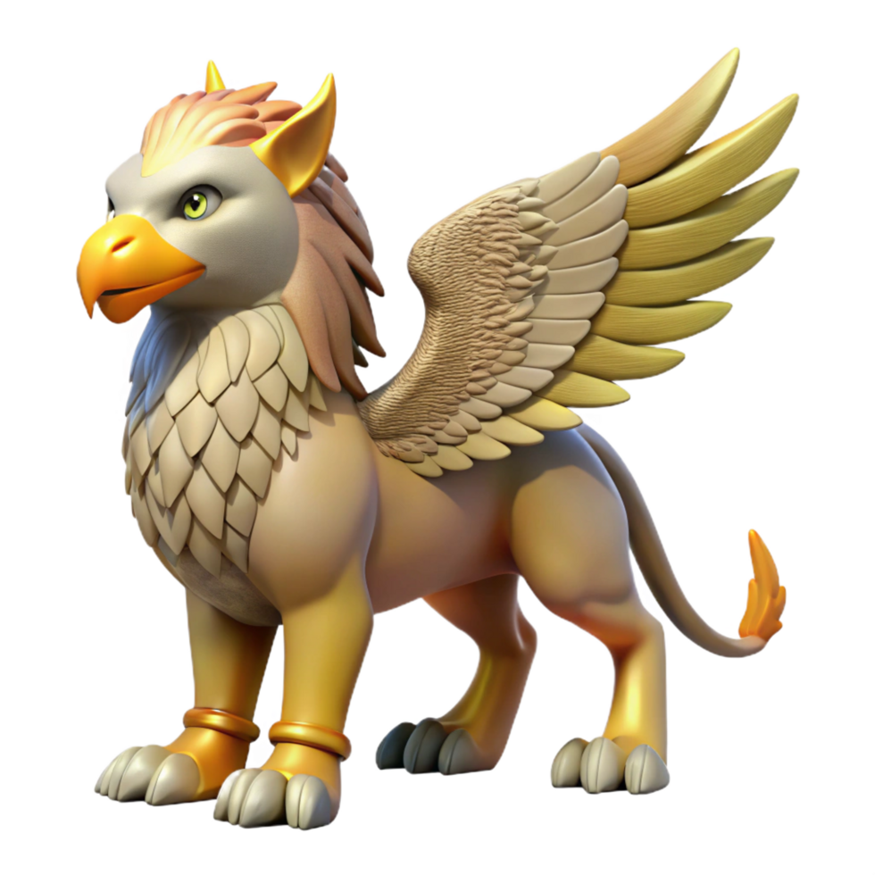 striking whimsical industrial Griffin, mythical creature, lion and eagle hybrid, NO BACKGROUND with Transparent Background. elite png