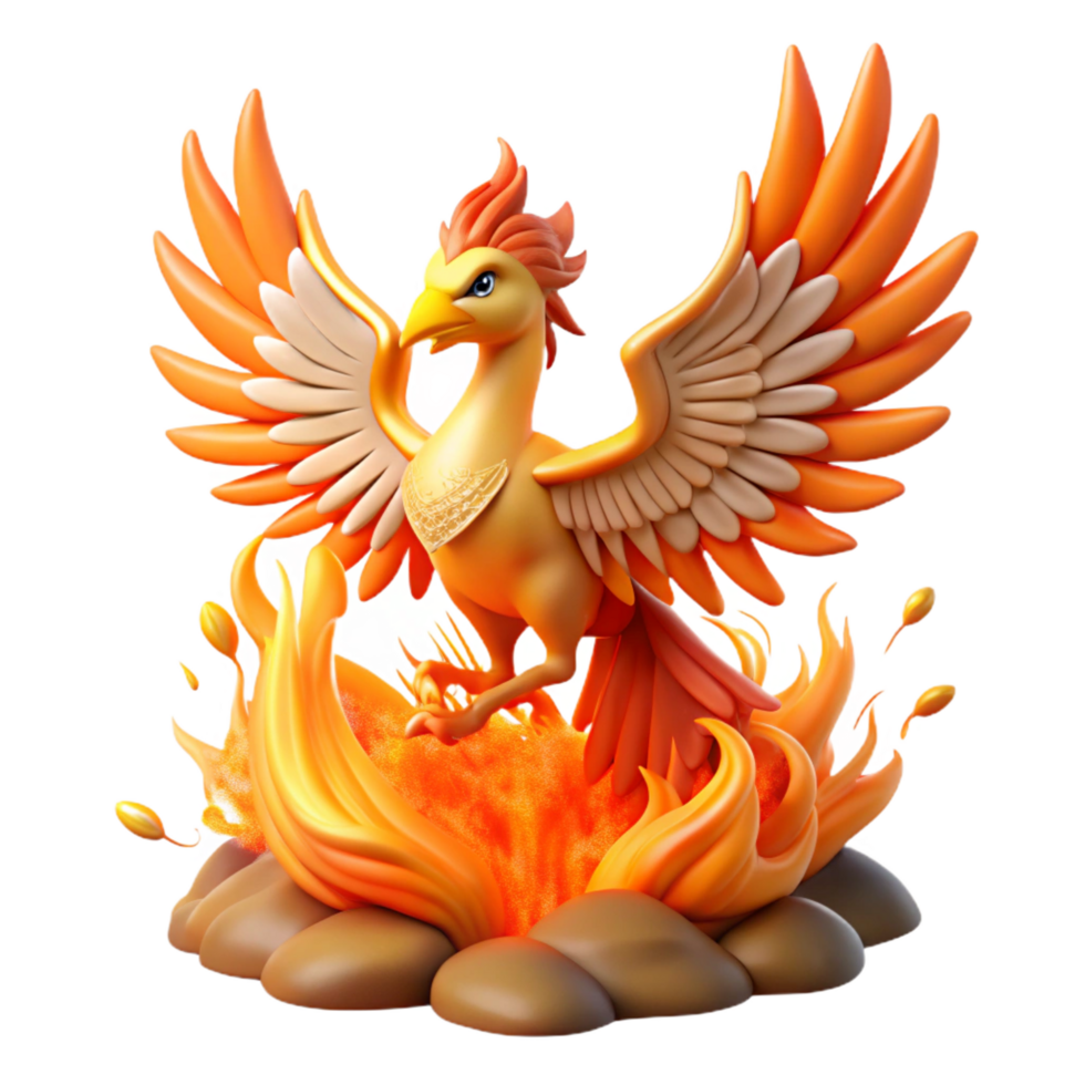 playful splendid Phoenix, mythical firebird, rising from ashes, NO BACKGROUND with Transparent Background. ultra HD png