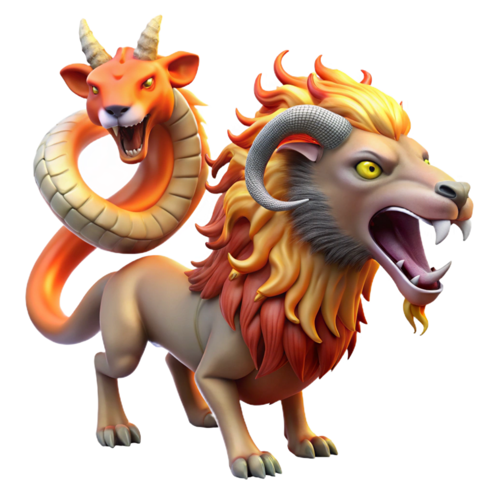 sumptuous dramatic artistic Chimera, fire-breathing monster, goat, lion, serpent, NO BACKGROUND with Transparent Background. handcrafted png