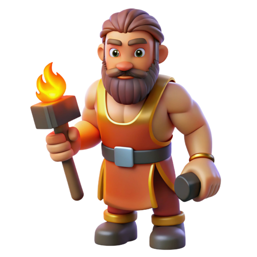 splendid quintessential Hephaestus, God of Fire and Forge, holding hammer, NO BACKGROUND with Transparent Background. png