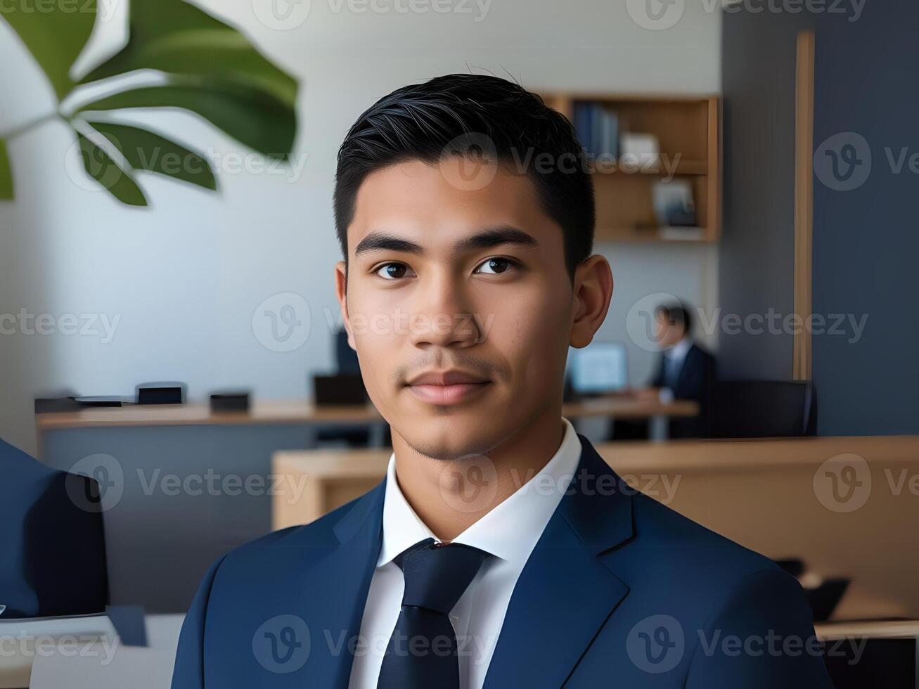 professional young man in a suit, posing confidently in a modern office environment photo