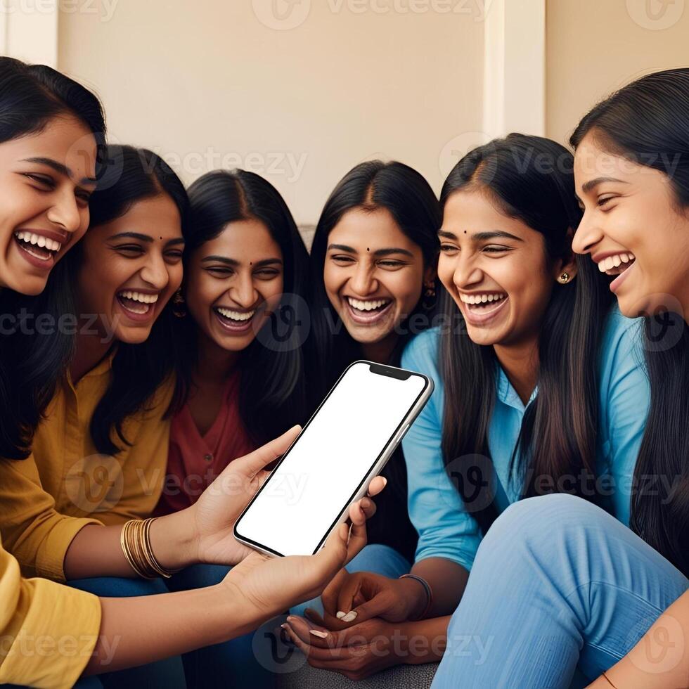 Group of Friends Relaxing on Couch Laughing and Looking at Smartphone mockup with Blank White Screen Casual and Warm Setting photo