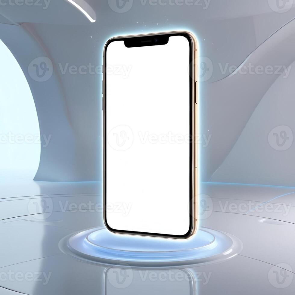 Floating smartphone mockup in a futuristic 3D environment. The phone hovers with a glowing effect surrounded by soft reflections photo
