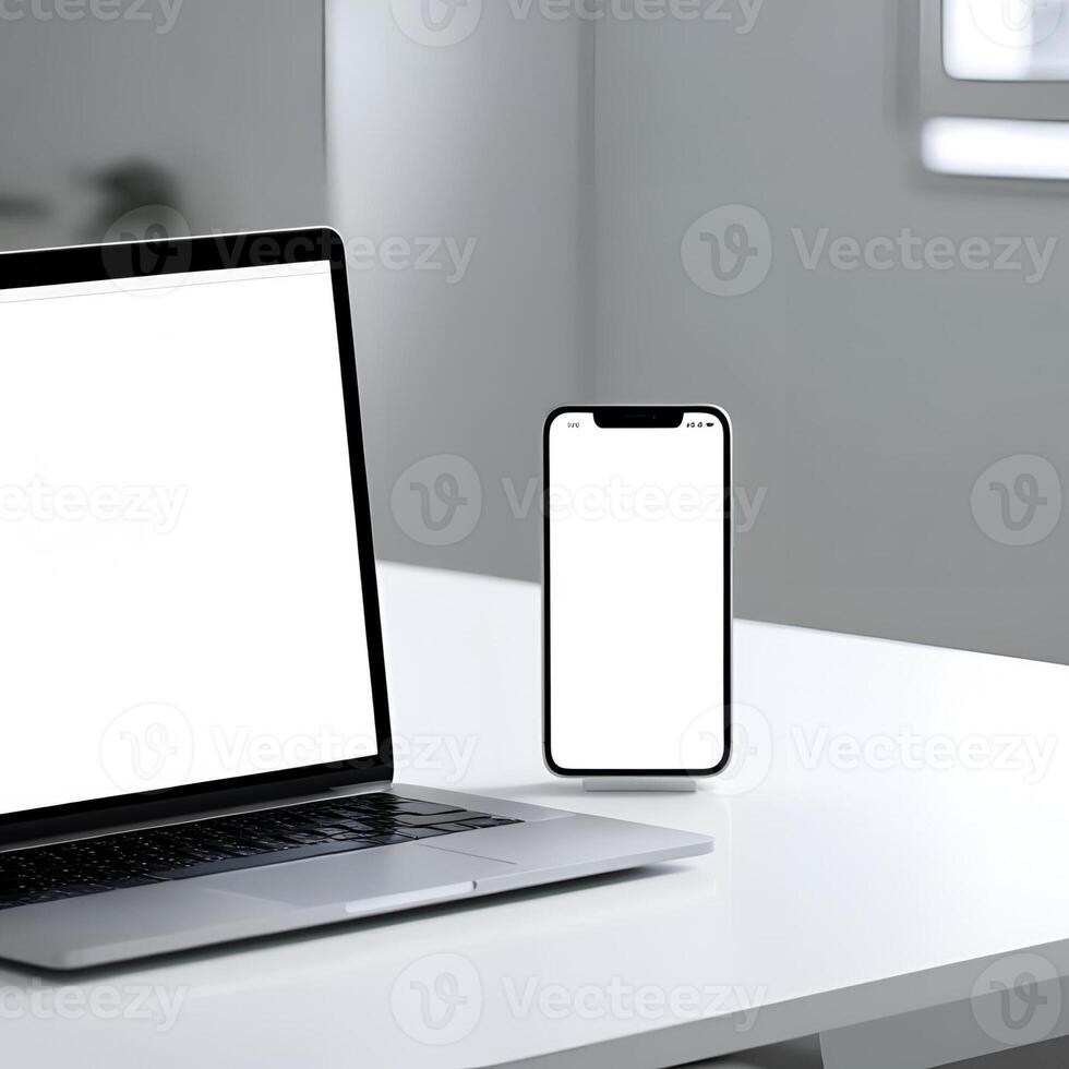 Modern Tech Mockup Laptop and Phone with Blank Screen for Design Presentation photo