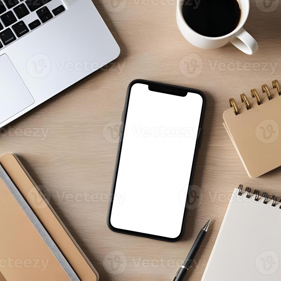 Sleek Smartphone mobile Lying on a Desk Perfect for UI and App Showcases photo