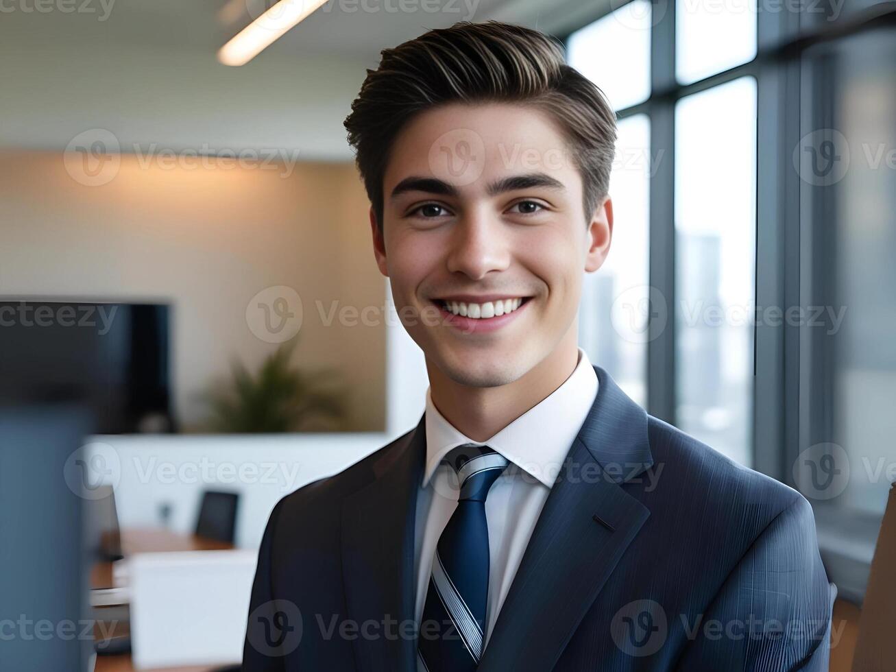 professional looking portrait of a young man in a suit smiling confidently in an office setting photo