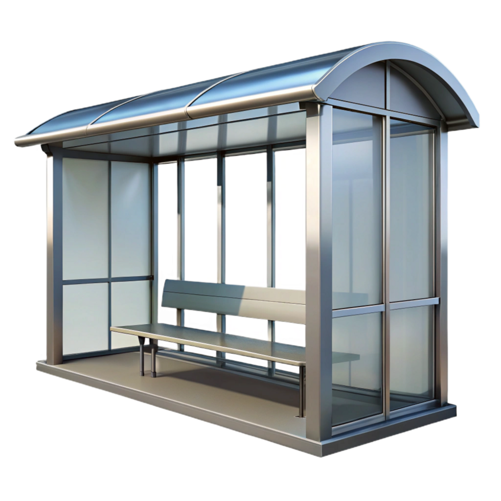 timeless modern Bus stop shelter, glass and metal, NO BACKGROUND with Transparent Background. museum quality png