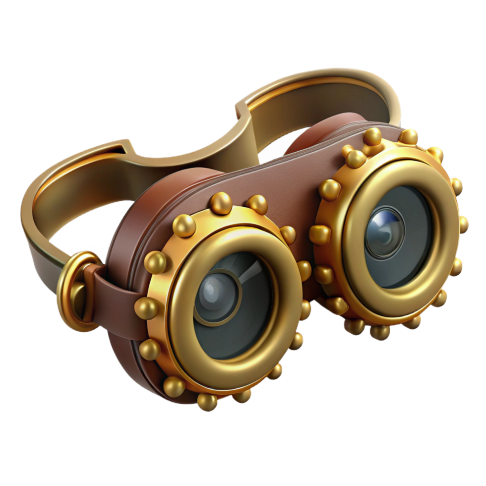 signature surreal Steampunk goggles with intricate brass gears and leather straps. NO BACKGROUND with Transparent Background. precision png
