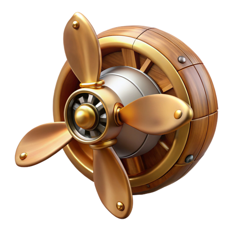 intense enchanting Steampunk airship propeller made of polished wood and copper. NO BACKGROUND with Transparent Background. fine detail png