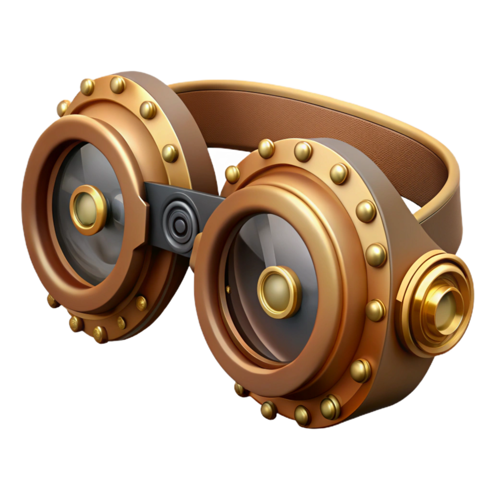 stunning intense creative Steampunk goggles with intricate brass gears and leather straps. NO BACKGROUND with Transparent Background. 8K png