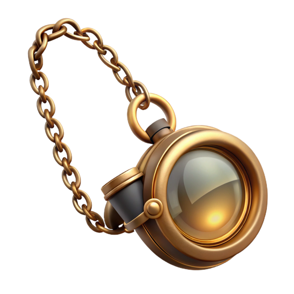stunning energetic victorian Steampunk monocle with a delicate chain and brass frame. NO BACKGROUND with Transparent Background. sharp png