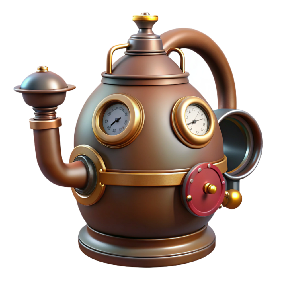 wonderful tropical Steampunk teapot with visible pipes, valves, and a pressure gauge. NO BACKGROUND with Transparent Background. museum quality png
