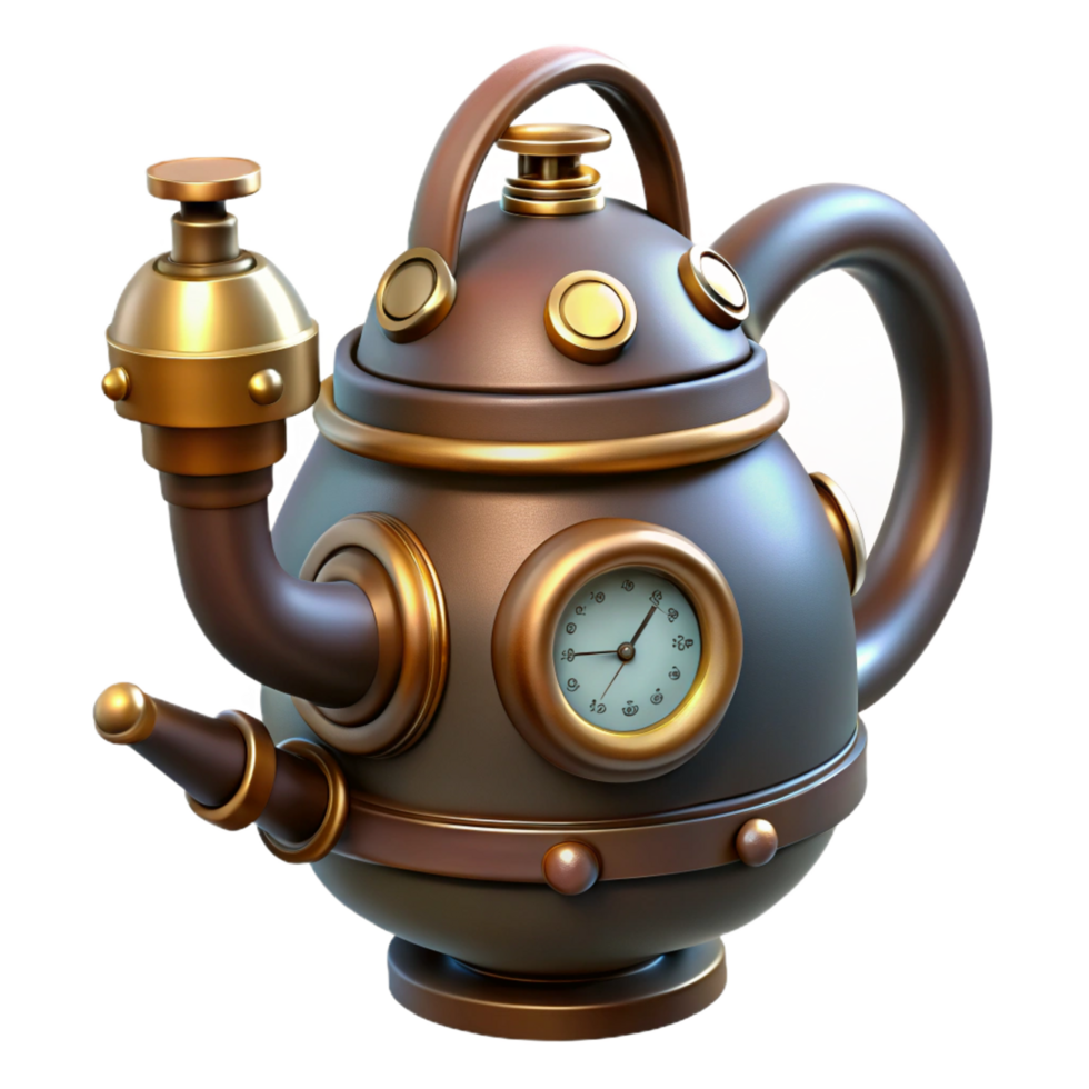 inspired geometric Steampunk teapot with visible pipes, valves, and a pressure gauge. NO BACKGROUND with Transparent Background. detailed png