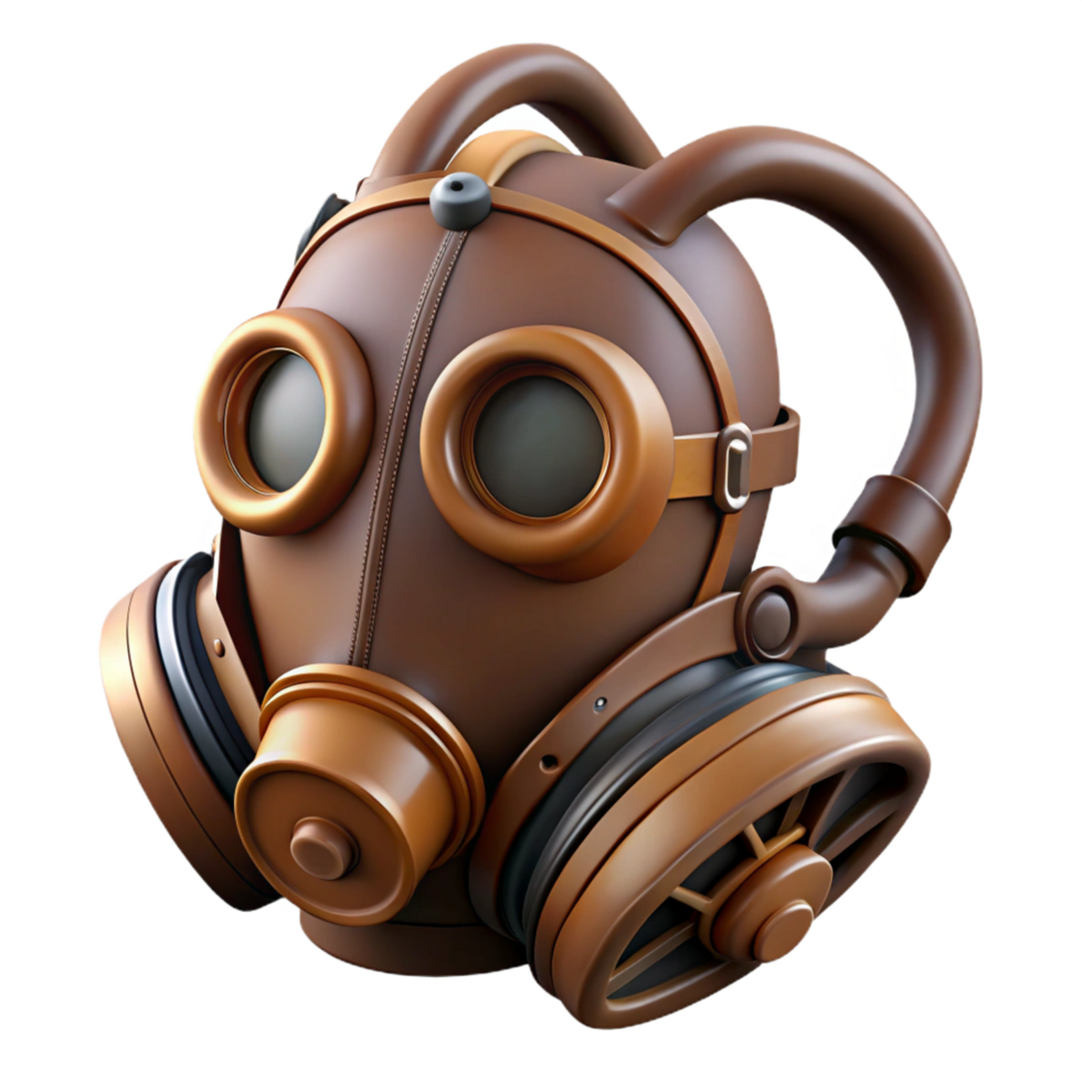 wonderful surreal Steampunk gas mask with filter canister and leather straps. NO BACKGROUND with Transparent Background. 4K png