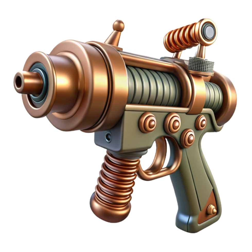 majestic artistic Steampunk ray gun with copper coils and a wooden handle. NO BACKGROUND with Transparent Background. 8K png