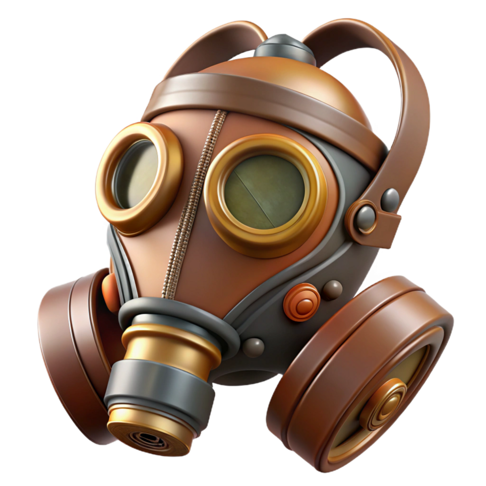 mesmerizing art deco Steampunk gas mask with filter canister and leather straps. NO BACKGROUND with Transparent Background. high resolution png